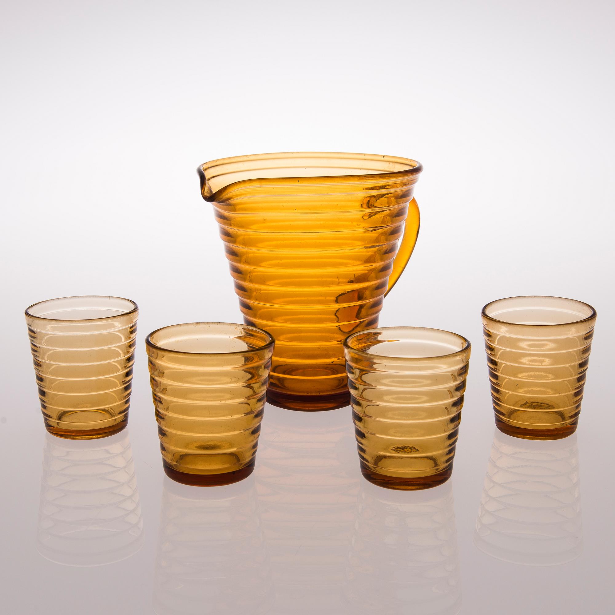 AINO AALTO, kanna och glas 4 st, "Böljeblick" Karhula Glasbruk 1930-tal.