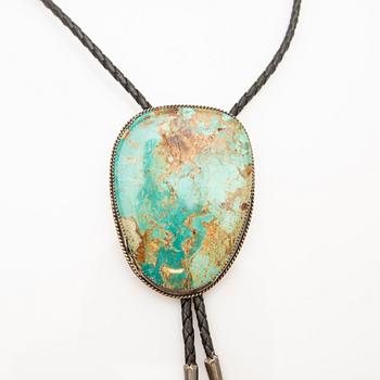 Cowboy ties, 2 pcs, sterling silver with turquoises and stones, and a necklace.