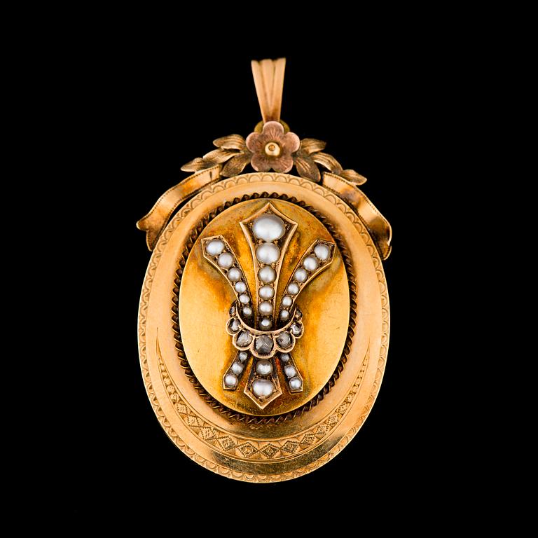 RIIPUS / MEDALJONKI, 18K kultaa, helmet, ruusuhiotut timantit. Otto Roland Mellin, Helsinki 1871.