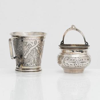 Pikari, teesiivilä ja suolakko, hopeaa, Moskova 1877-1888, kolme eri mestaria.