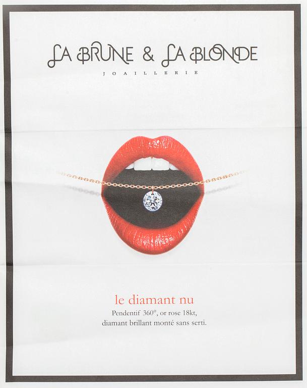 Rannekoru, 18K ruusukultaa ja briljanttihiottu timantti, La Brune & La Blonde Joaillerie, Ranska.