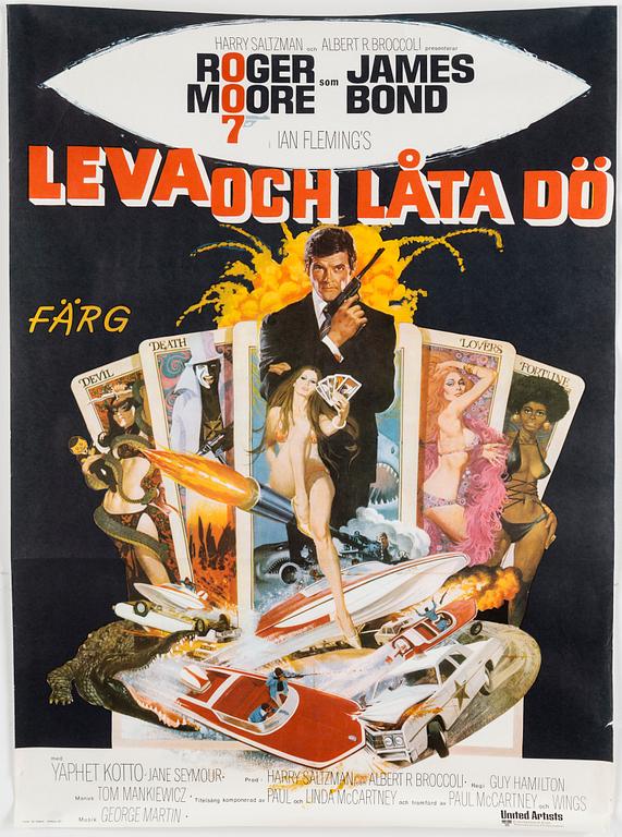A James Bond movie poster, offset, 'Leva och låta dö' ('Live and Let Die'), United Artists, Tryckeri AB Småland, 1973.