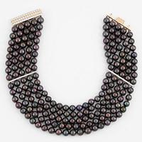 Necklace, five-row with cultured black pearls, 18K gold and white gold with brilliant-cut diamonds.