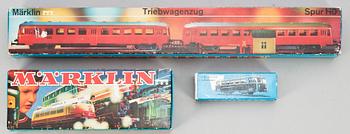 RÄLSBUSS, ÅNGLOK, SLÄPVAGN, "3076", "3003" samt "4018", Märklin, 1900-talets andra hälft.