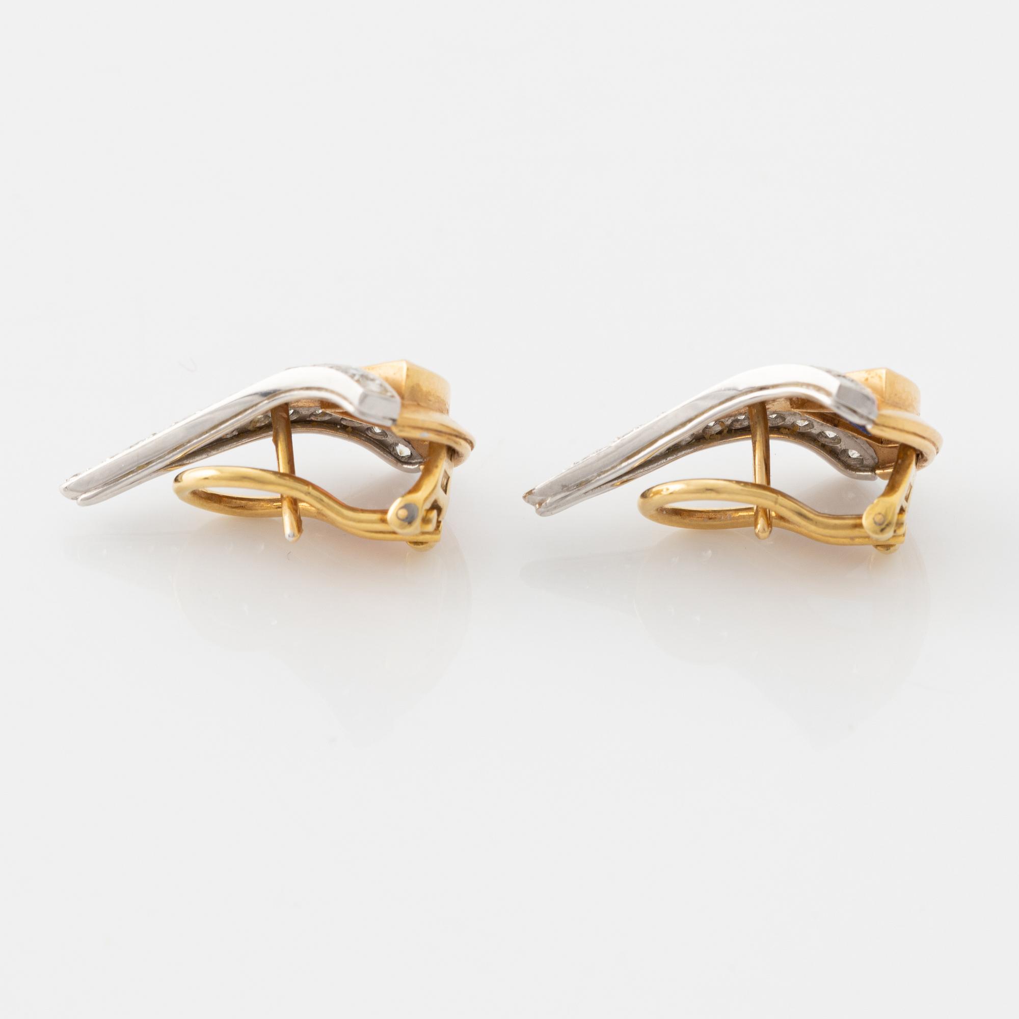 A pair of W.A Bolin earrings, gold and, tourmaline, tanzanite and brilliant cut diamonds.