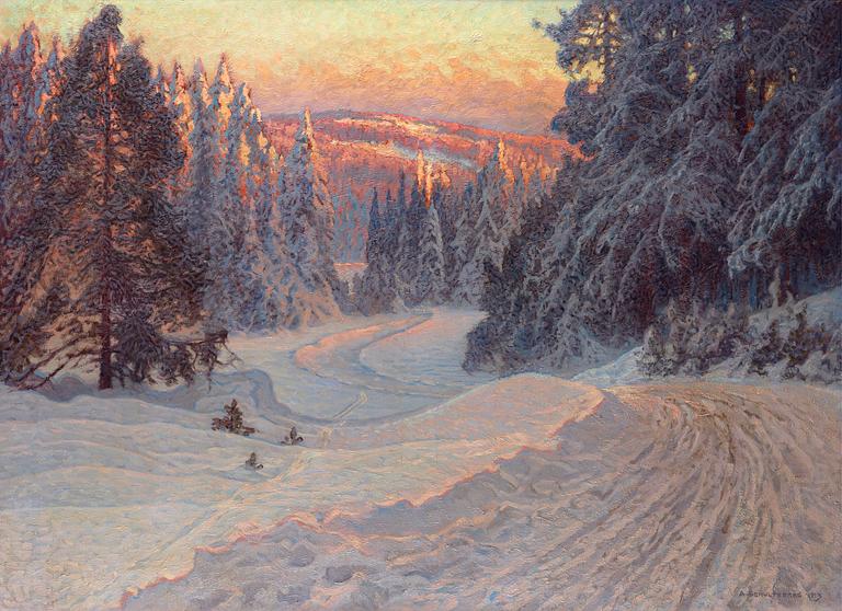 Anshelm Schultzberg, "Midvinterafton vid en skogsväg" (Dalarne) (Midwinter evening by a forest road, Dalarne).