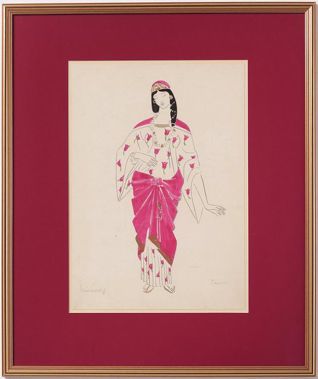 Isaac Grünewald, Costume sketch - woman in a dress with rose pattern.