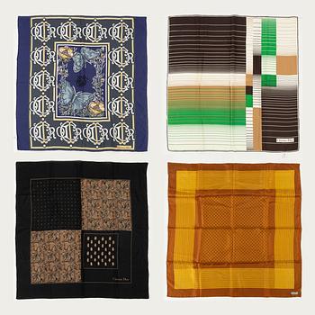 Christian Dior, four silk scarves.