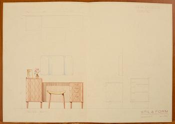 A dressing table with stool and mirror, Stil & Form Arkitektkontor för Möbler o. Inredningar, Stockholm, 1944.
