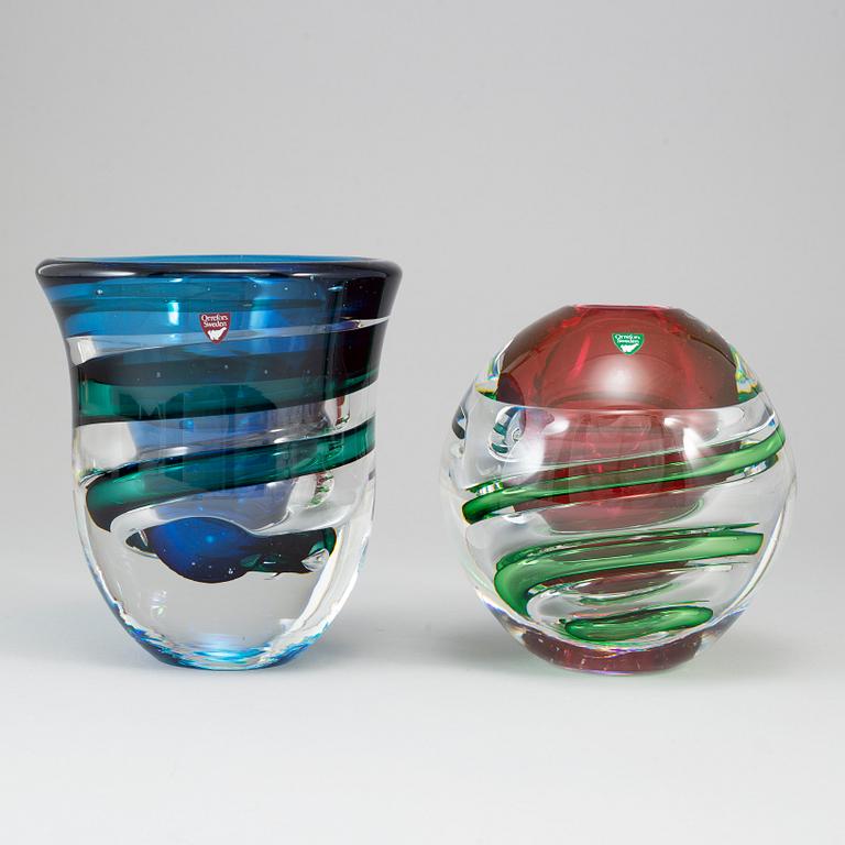 LARS HELLSTEN, two glass vases, Orrefors, Sweden.