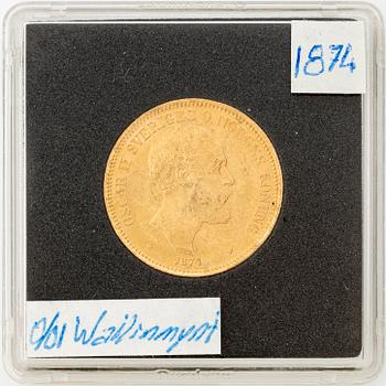 Gold coin, Oscar II, 20 kronor, type I, Sweden 1874.