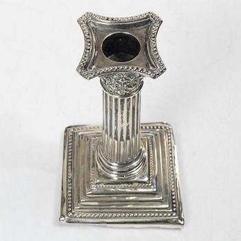 A pair of English silver column candlesticks, mark of Walter Latham & Son, Sheffield, 1910.
