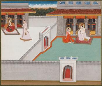 964. An illustration to a poetic series, elegant ladies of the court, India, late 18th century.