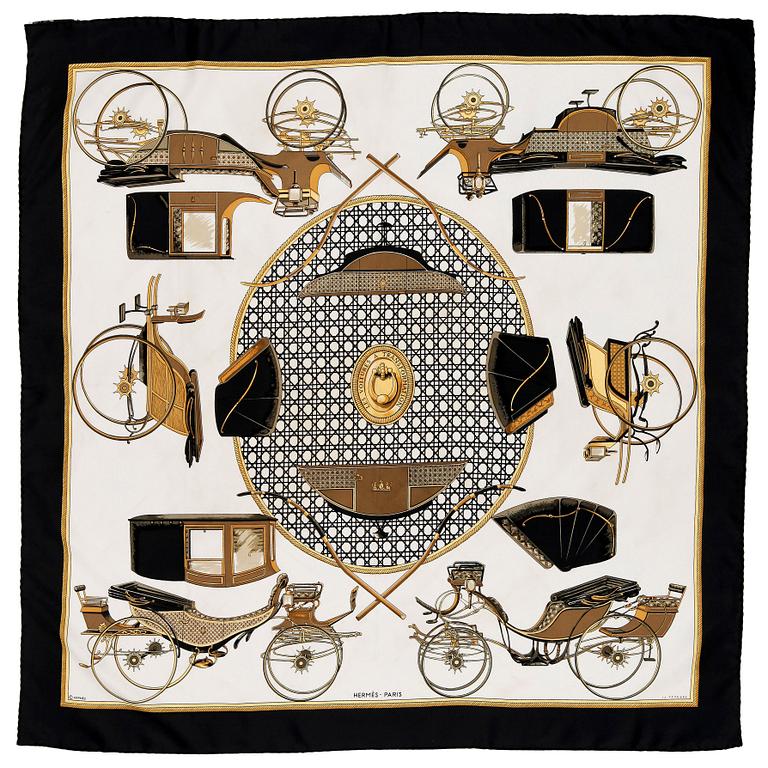 HERMÈS, silk scarf, "Les voitures en transformation".