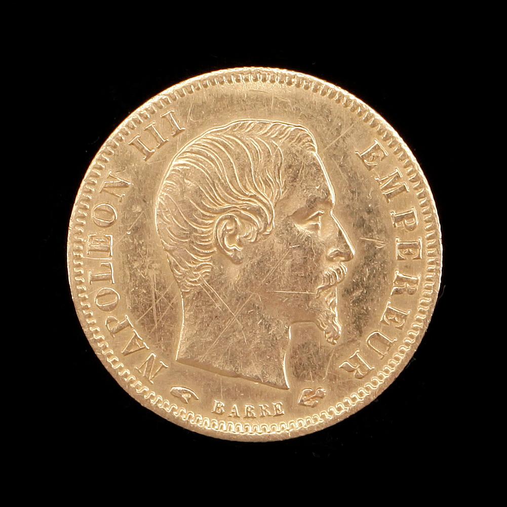 MYNT, 21, 6K guld, 5 franc, Napoleon III, Frankrike, 1856. Vikt ca 1,6g.