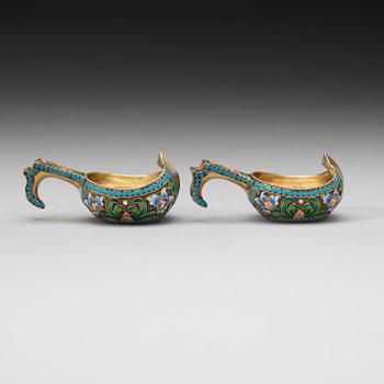 A pair of Russian silver-gilt and enameled kovsch/salts, unidentified makers mark, Moscow 1899-1908.