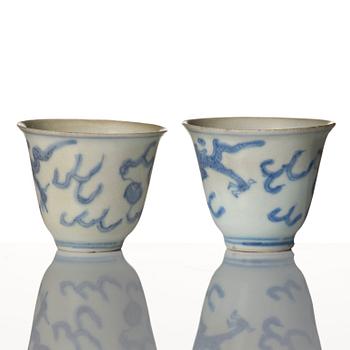 A pair of blue and white wine cups, 'Hatcher Cargo', 17th Century.