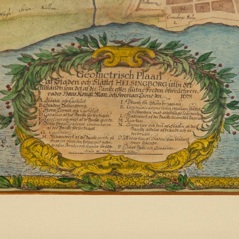 Erik Dahlbergh, after, coloured engravings, maps over Helsingborg and Landskrona, daterad 1679. Printed 1922.