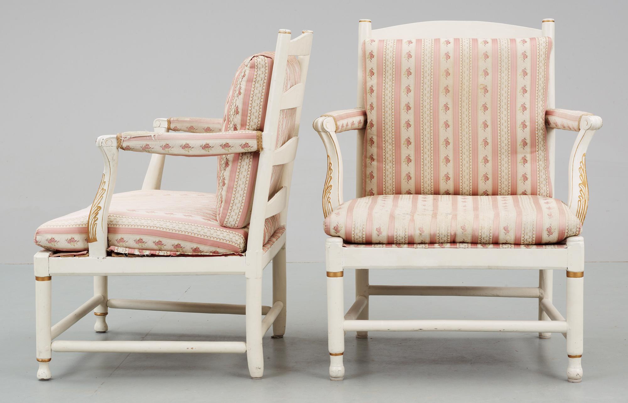 A Gustavian 18th Century armchair. Comprising one copy from the 19th Century.