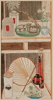 130. A watercoulor of a shelf with a tea-set, tea caddies, flowers and a sun-fan, Qing dynasty, 18th century.