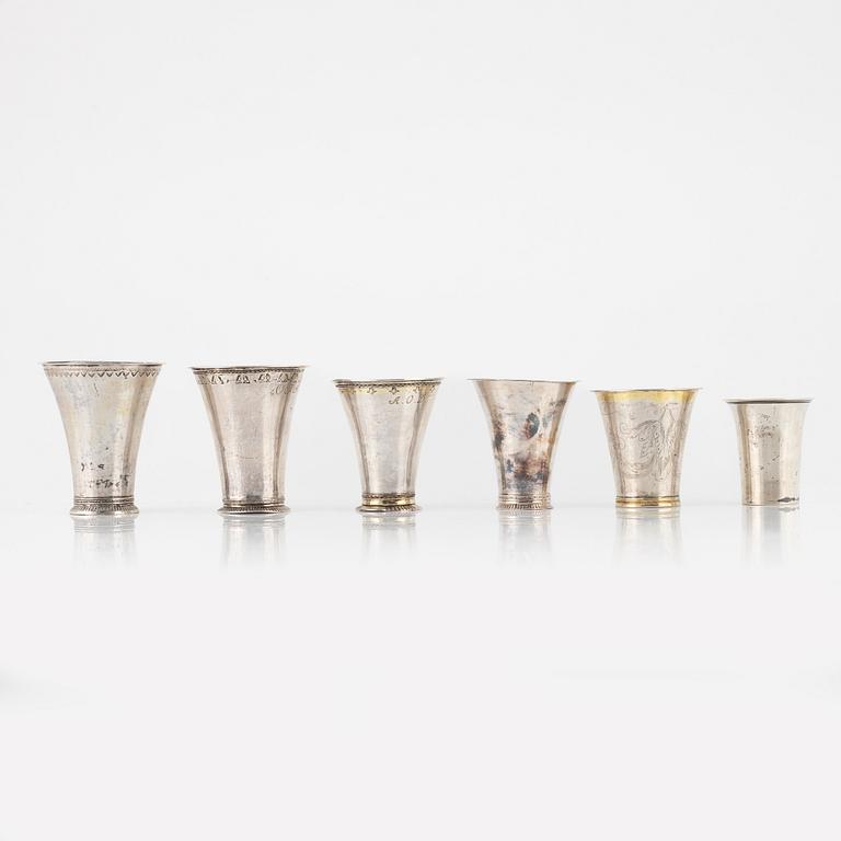 Six silver beakers, Sweden, 1759-1940.