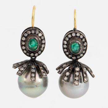 Cultured Tahitipearl, emerald and diamond earrings.