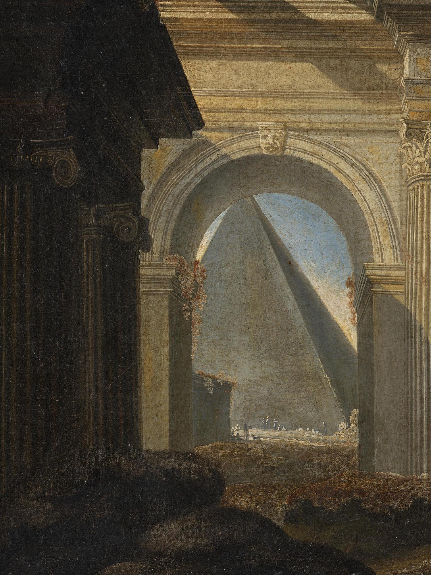 Giovanni Ghisolfi, follower of, Ruined landscape with resting figures.