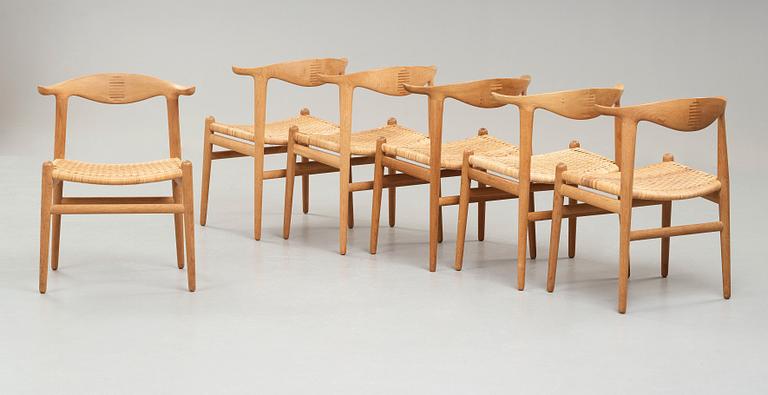 Hans J. Wegner, a set of six oak "Cowhorn Chairs", JH-505, Johannes Hansen, Denmark 1960's.