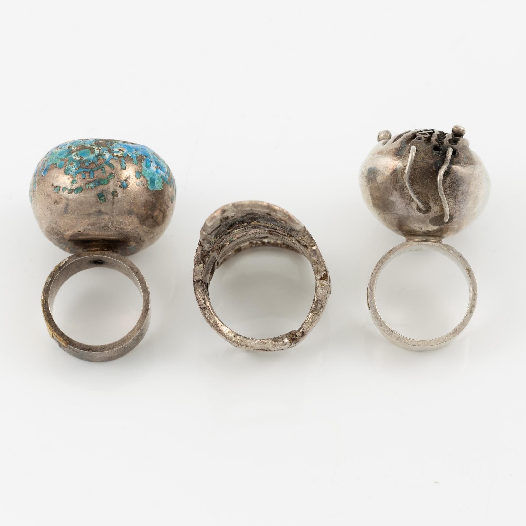Lars Arby, three rings, sterling silver and enamel, Gothenburg 1966, 1968 and 1970.