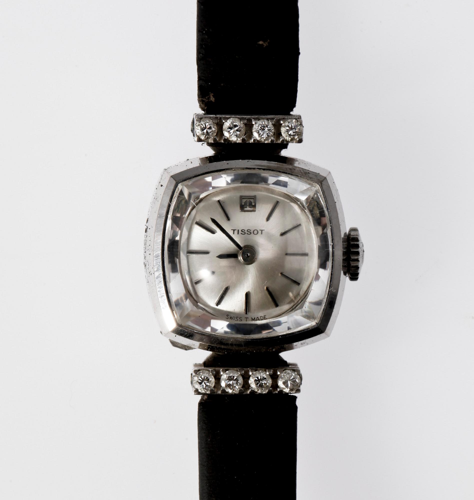 DAMARMBANDSUR, 14 K vitguld med briljantslipade diamanter, Tissot, 1900-talets mitt.
