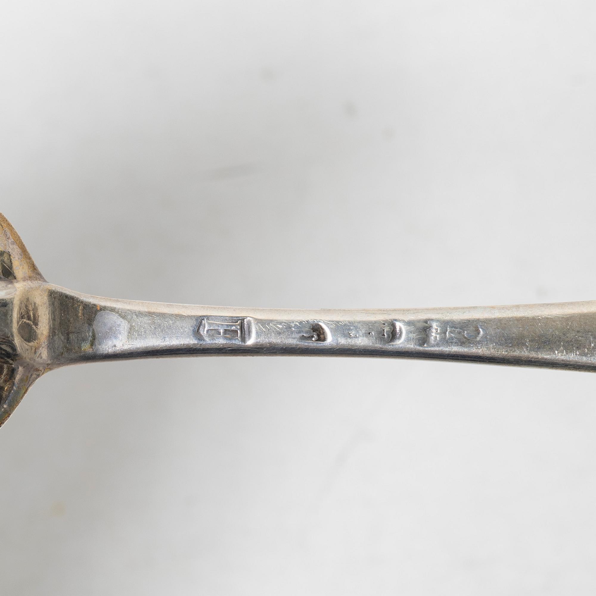 Five silver spoons, England and Sweden, 18th century.