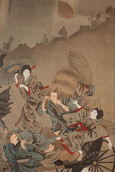 RULLMÅLNINGAR, sex stycken, tusch och färg på papper. Japan, Meiji (1868-1912).