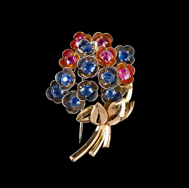A Cartier blue and pink sapphire brooch, 1960's.