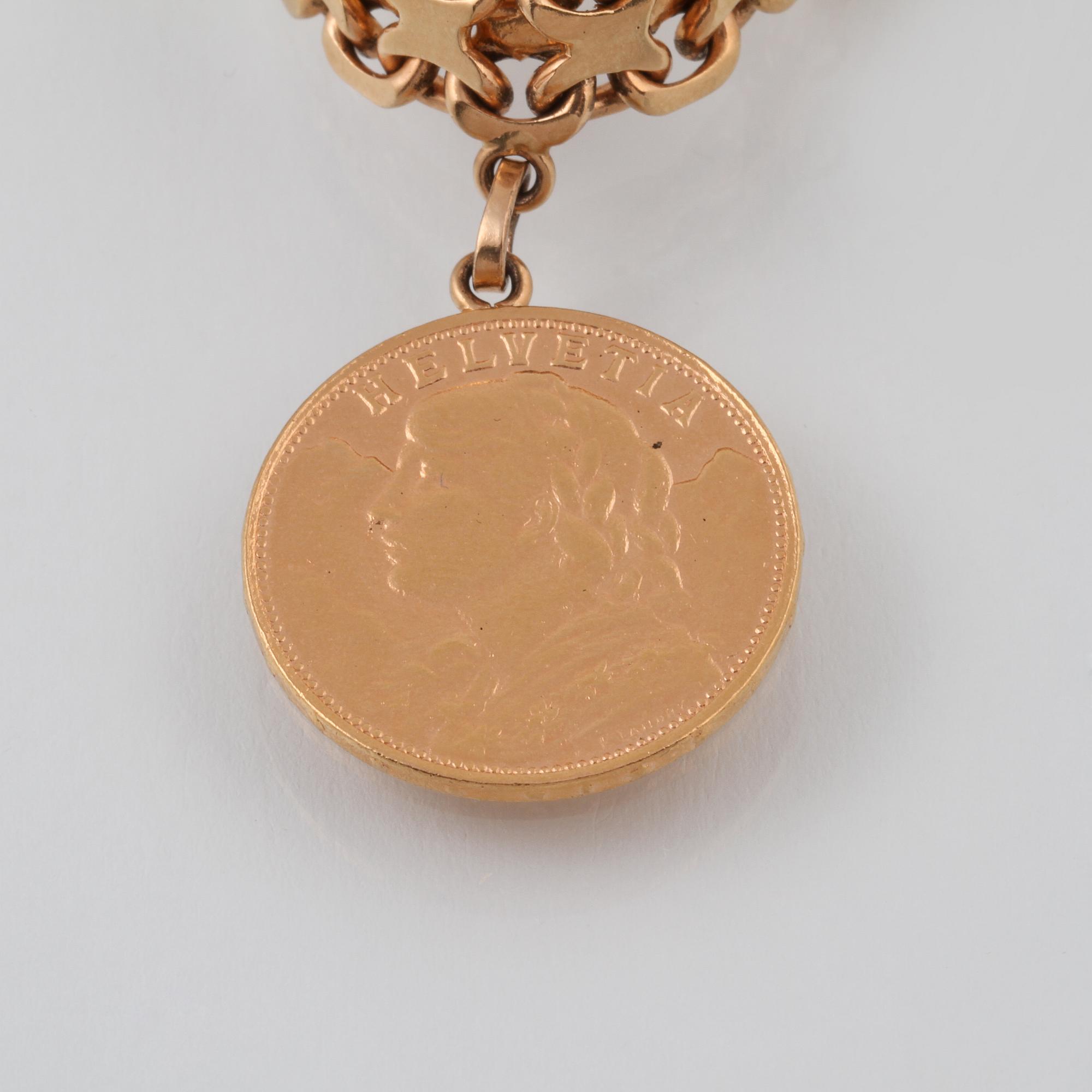ARMLÄNK SAMT MYNT, Schweiz 20 franc, 18K resp 21,6K guld. Vikt 37,8 gram.