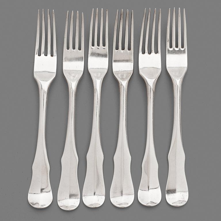 A set of six Swedish 18th century silver dinner-forks, mark of Kilian Kelson, Stockholm 1752-1754.
