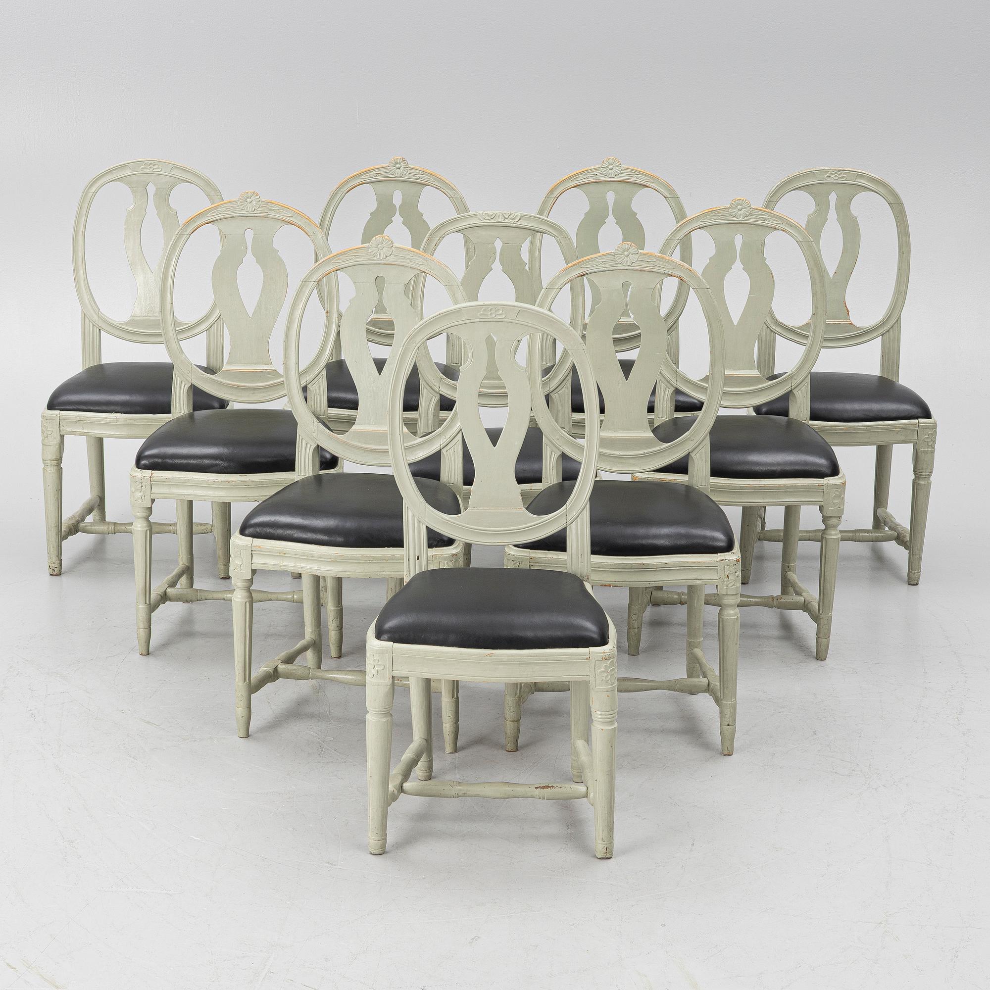 Ten similar Gustavian chairs, Sweden, around the year 1800.