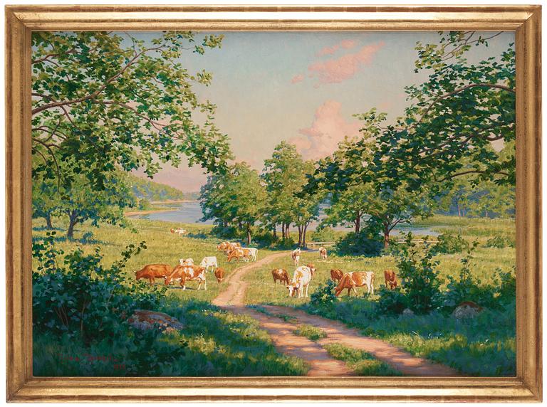 Johan Krouthén, Sunlit landscape with cows.