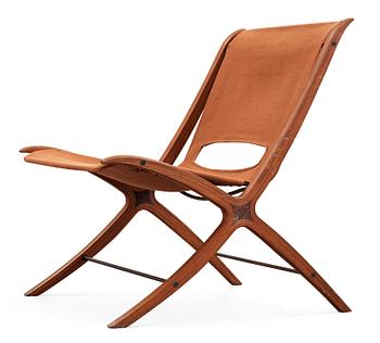 621. A Peter Hvidt & Orla Mølgaard Nielsen teak, beech and canvas 'X-Chair', Fritz Hansen, Denmark 1950's.