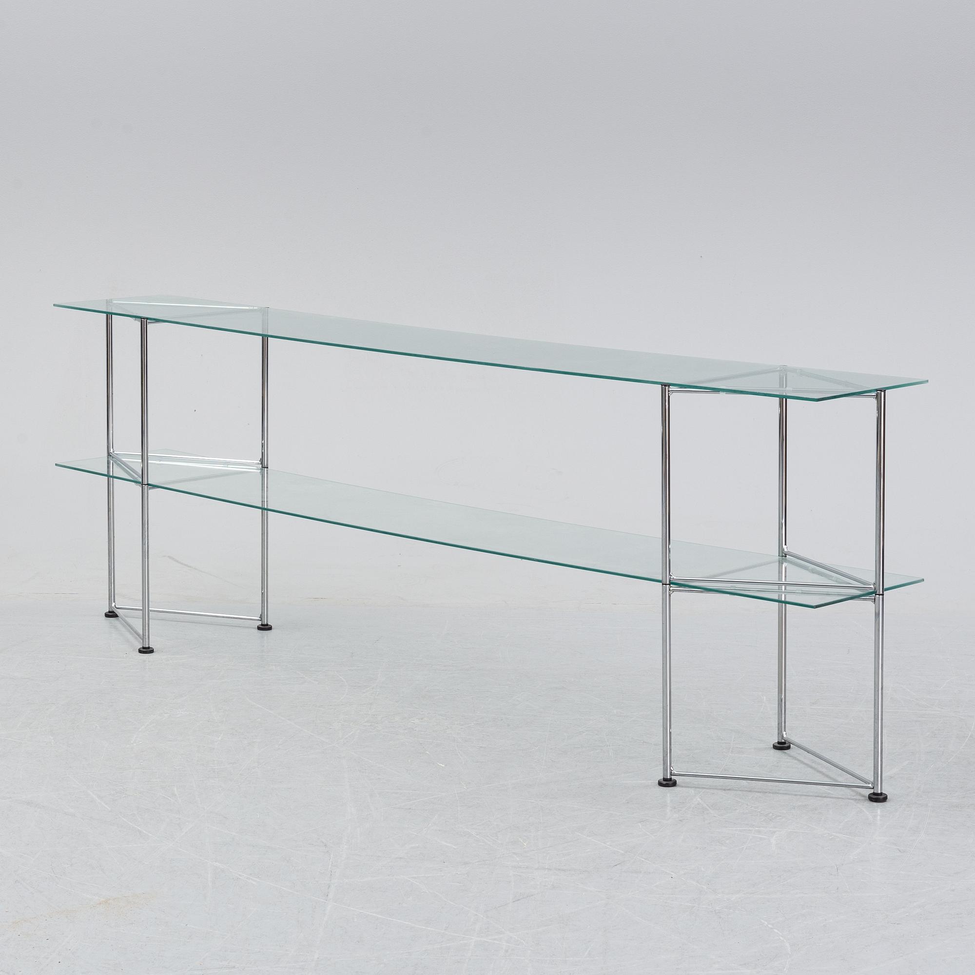 A late 20th century glass and metal shelf / sideboard.