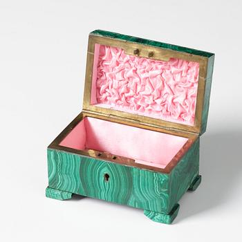 A Russian malachite-veneered box from Yekaterineburg Imperial Lapidary, circa 1900.