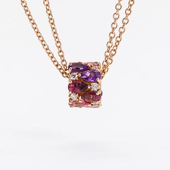 An 18K rosegold necklace, pendant set with diamonds, pink sapphires and amethysts. Oro Trend, Italy.