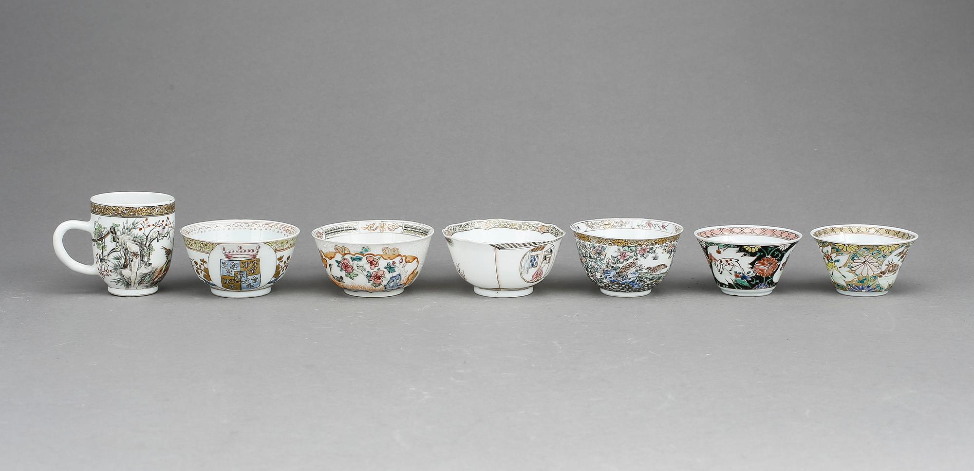 KOPPAR, 7 st, porslin, Kina, 1700-tal.