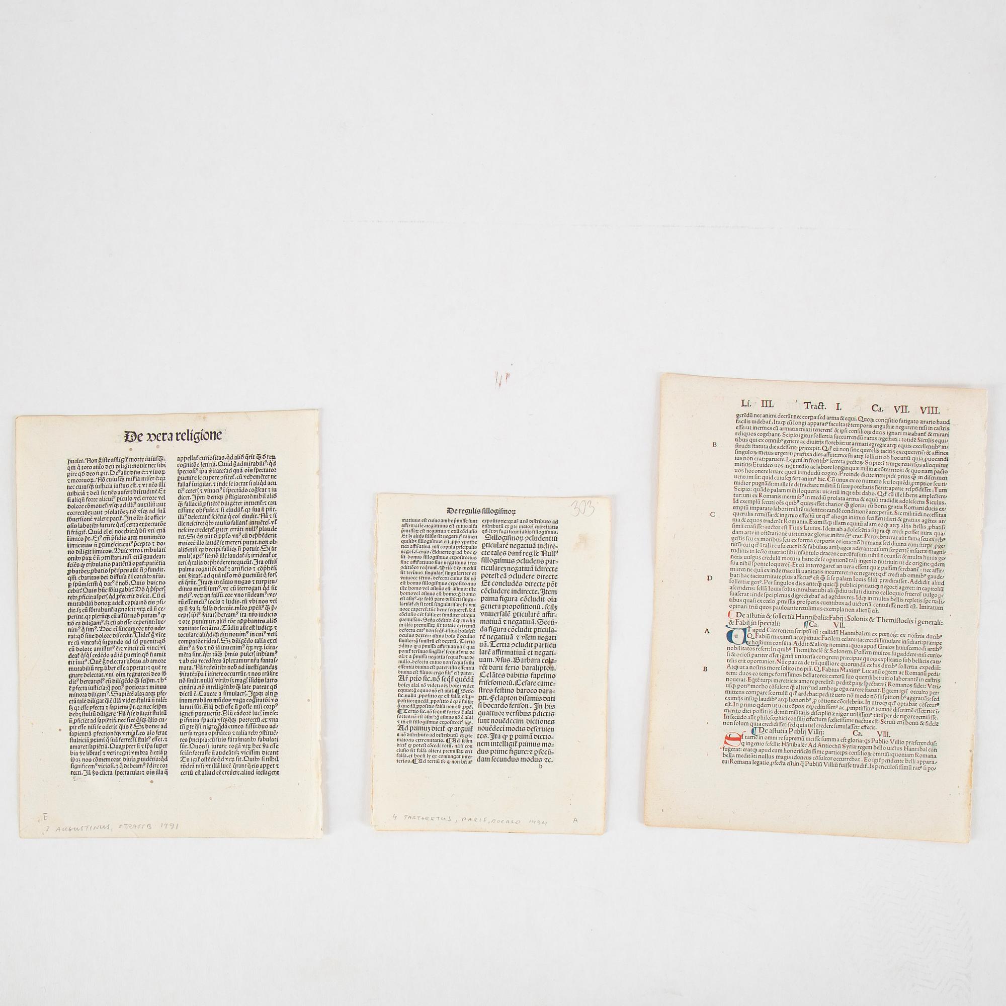 Blad ur schweiziska och tyska inkunabler samt tryckta blad, 1400-tal.