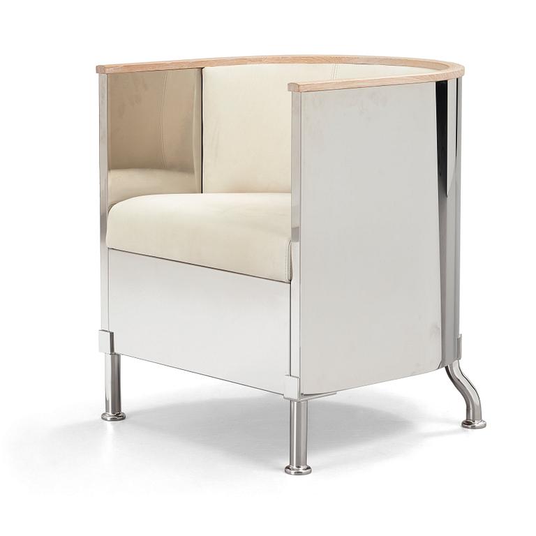 Mats Theselius, an 'Inox' polished steel, white soaped oak and white leather, nubuck armchair, Källemo, Sweden post 2015.