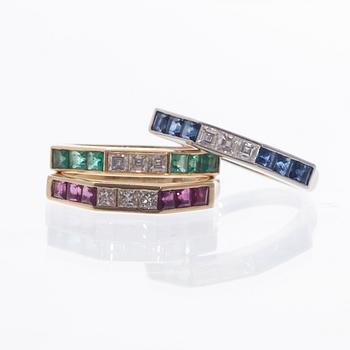 RINGAR, 3 st, 18K vitt- och gult guld, diamanter, rubiner, safirer, smaragder. Vikt totalt ca 10,2 g.