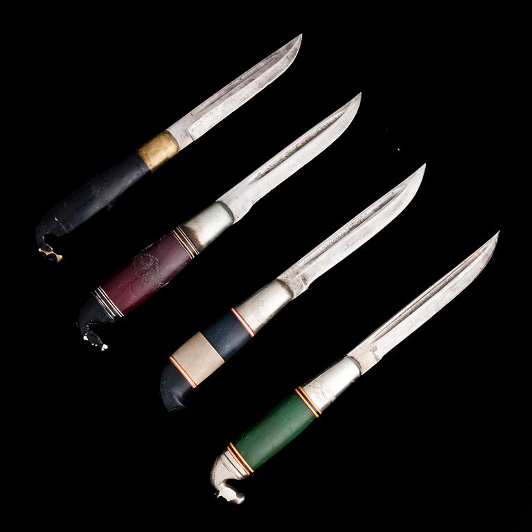PUUKKO-KNIVAR, 4 st, signerade Järvenpää, Kankaanpää och Lahdensuo. Kauhava och Lapua, Finland 1900-tal. En osignerad.