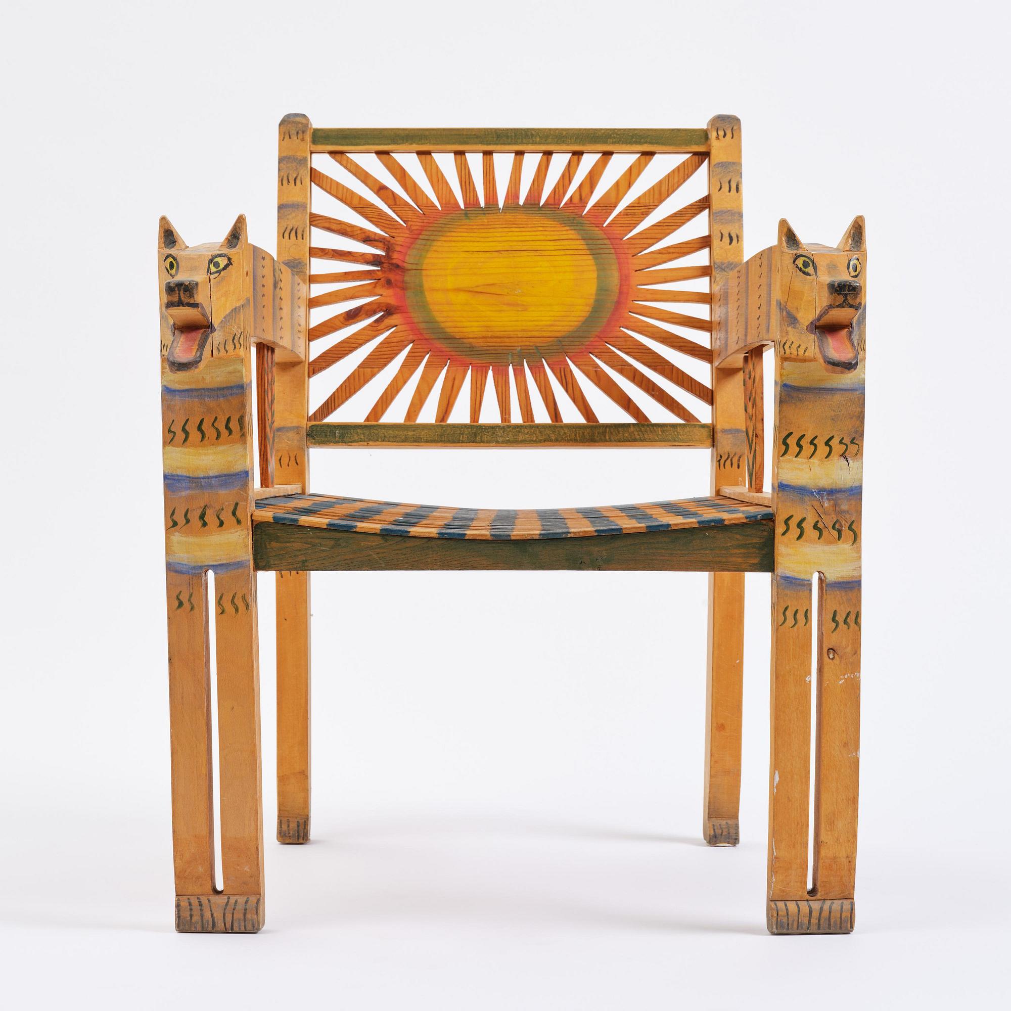 Gérard Rigot, a sculpted and painted oak chair, exectued in his studio, France, second half of the 20th century.
