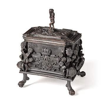 A South-German, presumably Nuremberg, Baroque iron and steel strongbox, later part of the 17th century.