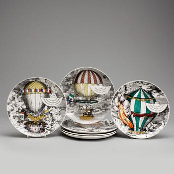 TALLRIKAR, 6 st. Porslin, "Mongolfiere", Fornasetti, Milano, Italien. 1950-tal.