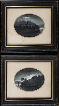 OKÄND KONSTNÄR, gouach på papper 2 st, otydligt signerade AM, 1800-tal.